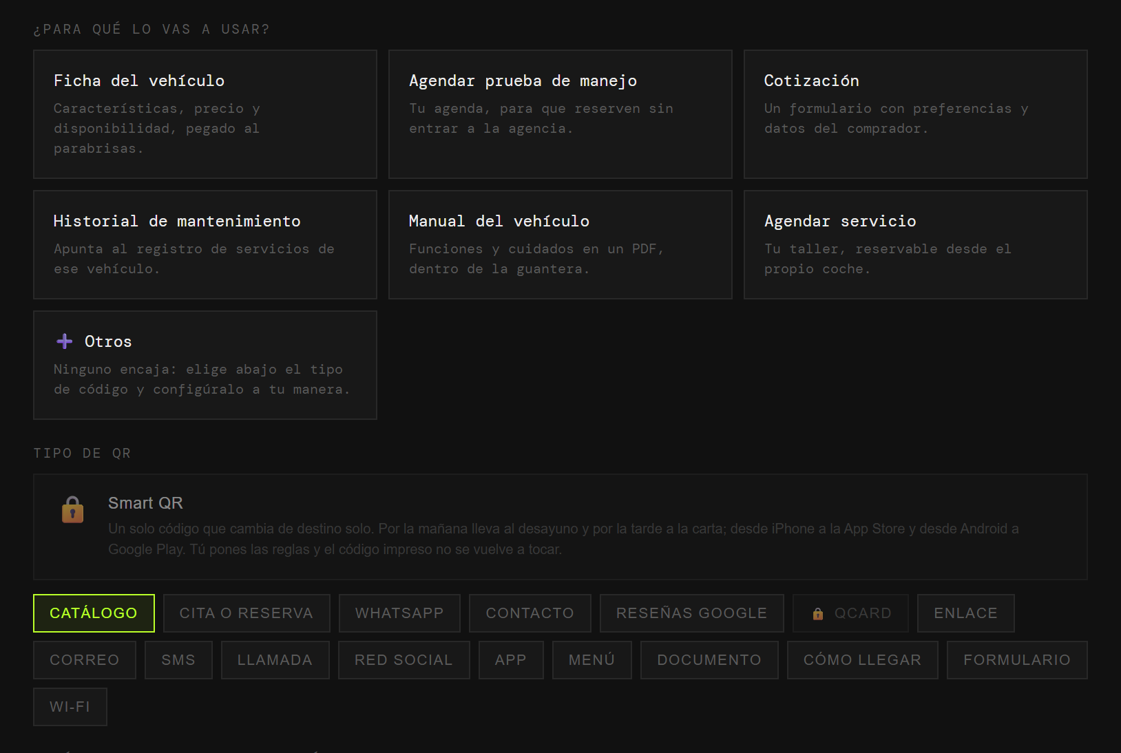 El generador de QRlify con los casos de uso del sector automotriz: ficha del vehículo, agendar prueba de manejo, cotización, historial de mantenimiento, manual del vehículo y agendar servicio
