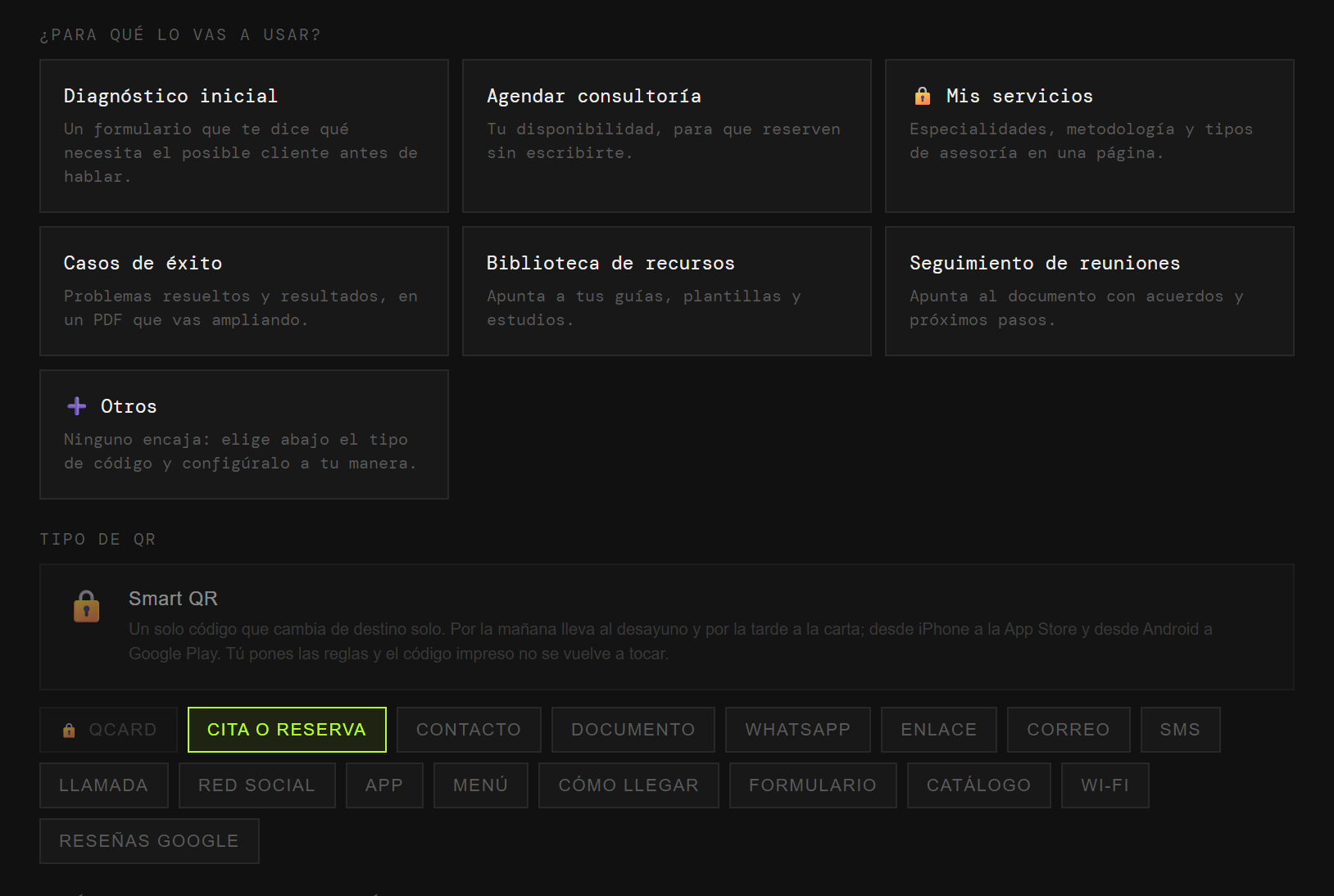 El generador de QRlify con los casos de uso de un consultor: diagnóstico inicial, agendar consultoría, mis servicios, casos de éxito, biblioteca de recursos y seguimiento