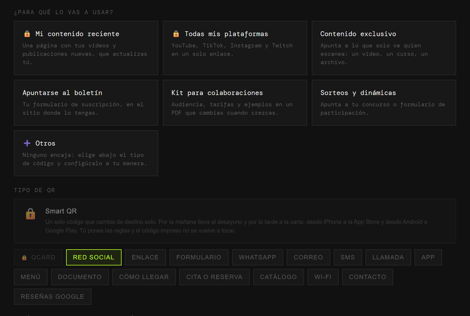 El generador de QRlify con los casos de uso de un creador: mi contenido reciente, todas mis plataformas, contenido exclusivo, apuntarse al boletín, kit para colaboraciones y sorteos