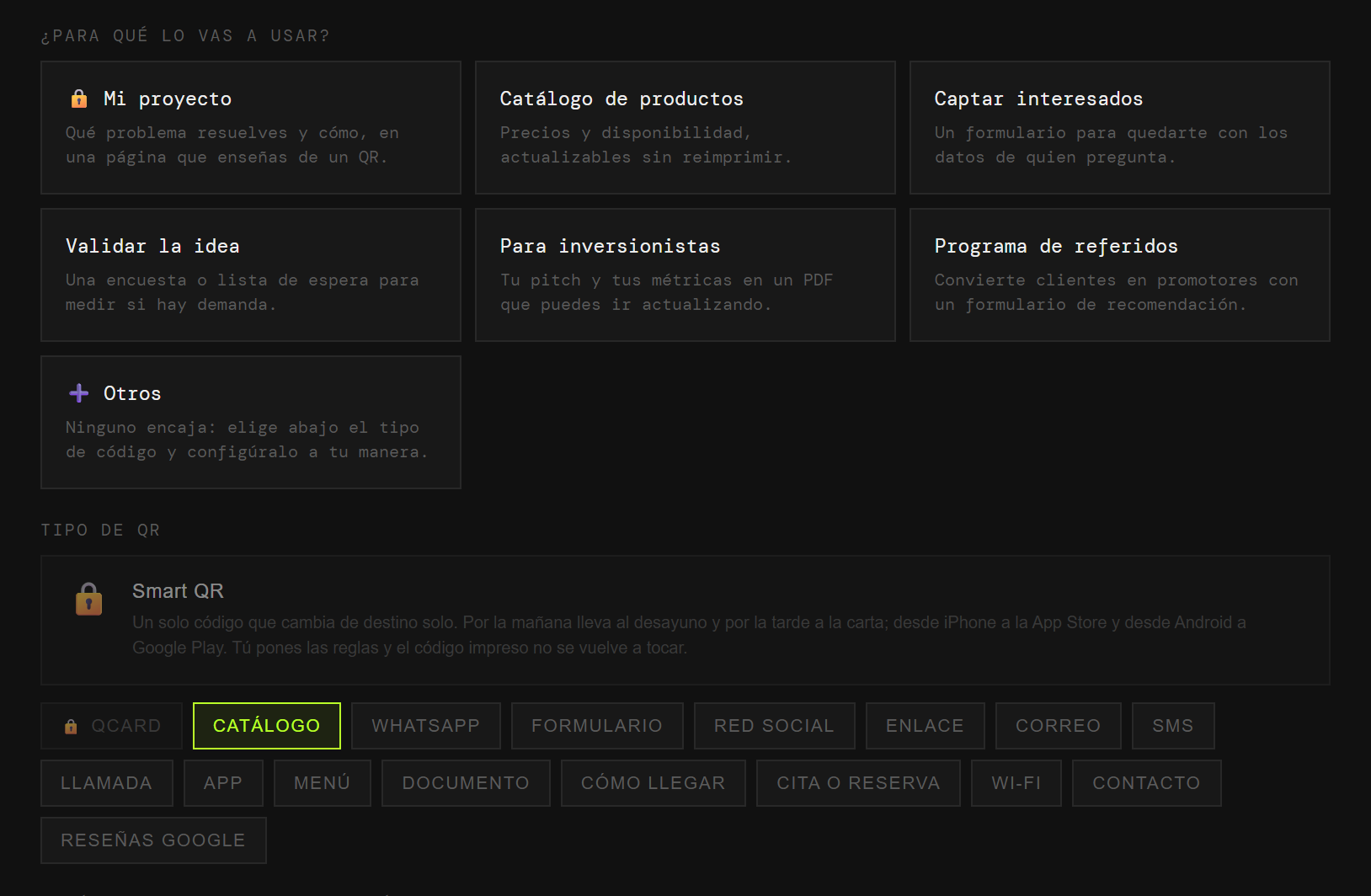 El generador de QRlify con los casos de uso de un emprendedor: mi proyecto, catálogo de productos, captar interesados, validar la idea, para inversionistas y programa de referidos