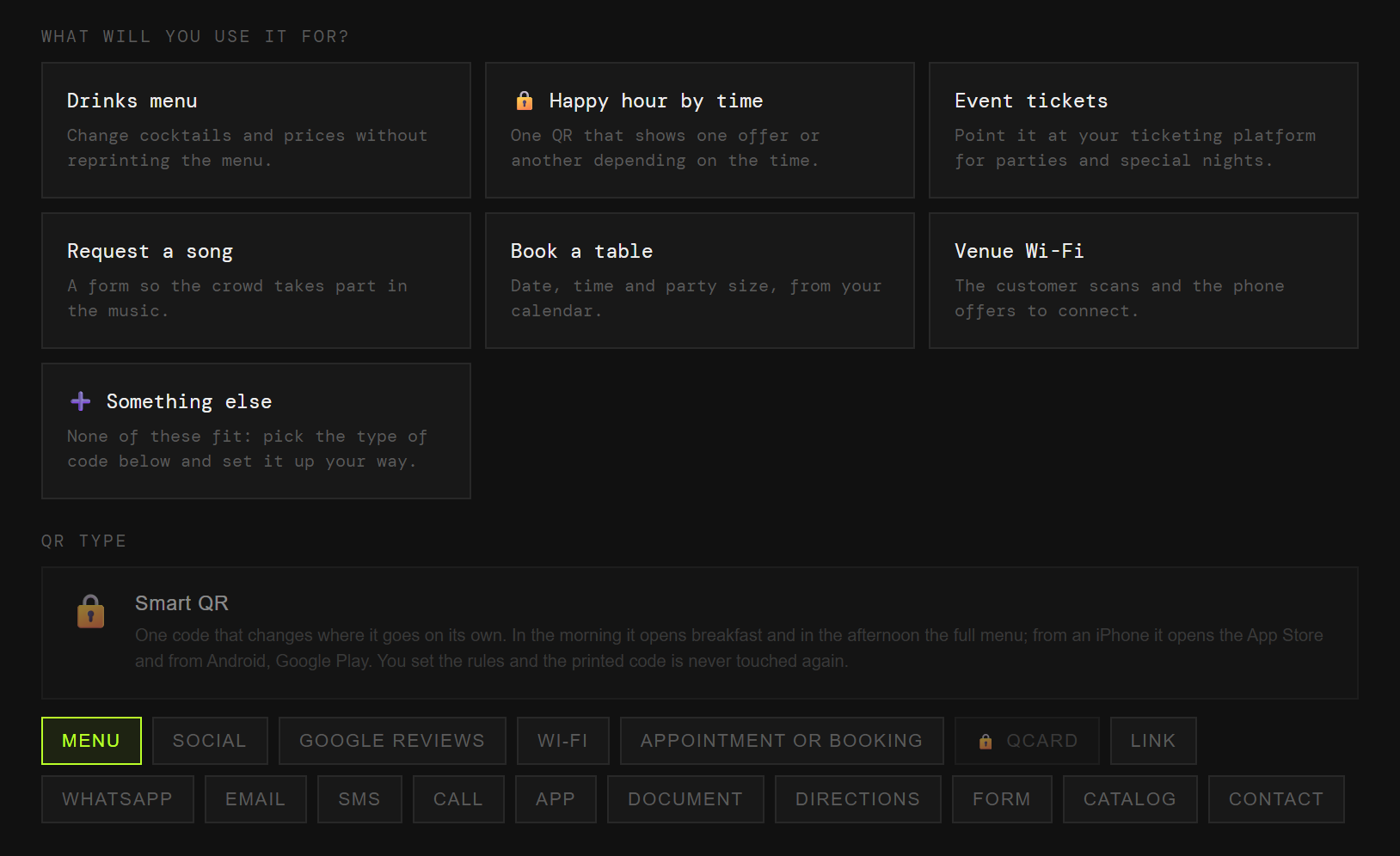 The QRlify generator showing a bar’s use cases: drinks list, happy hour by the clock, event tickets, song requests, table bookings and guest wifi