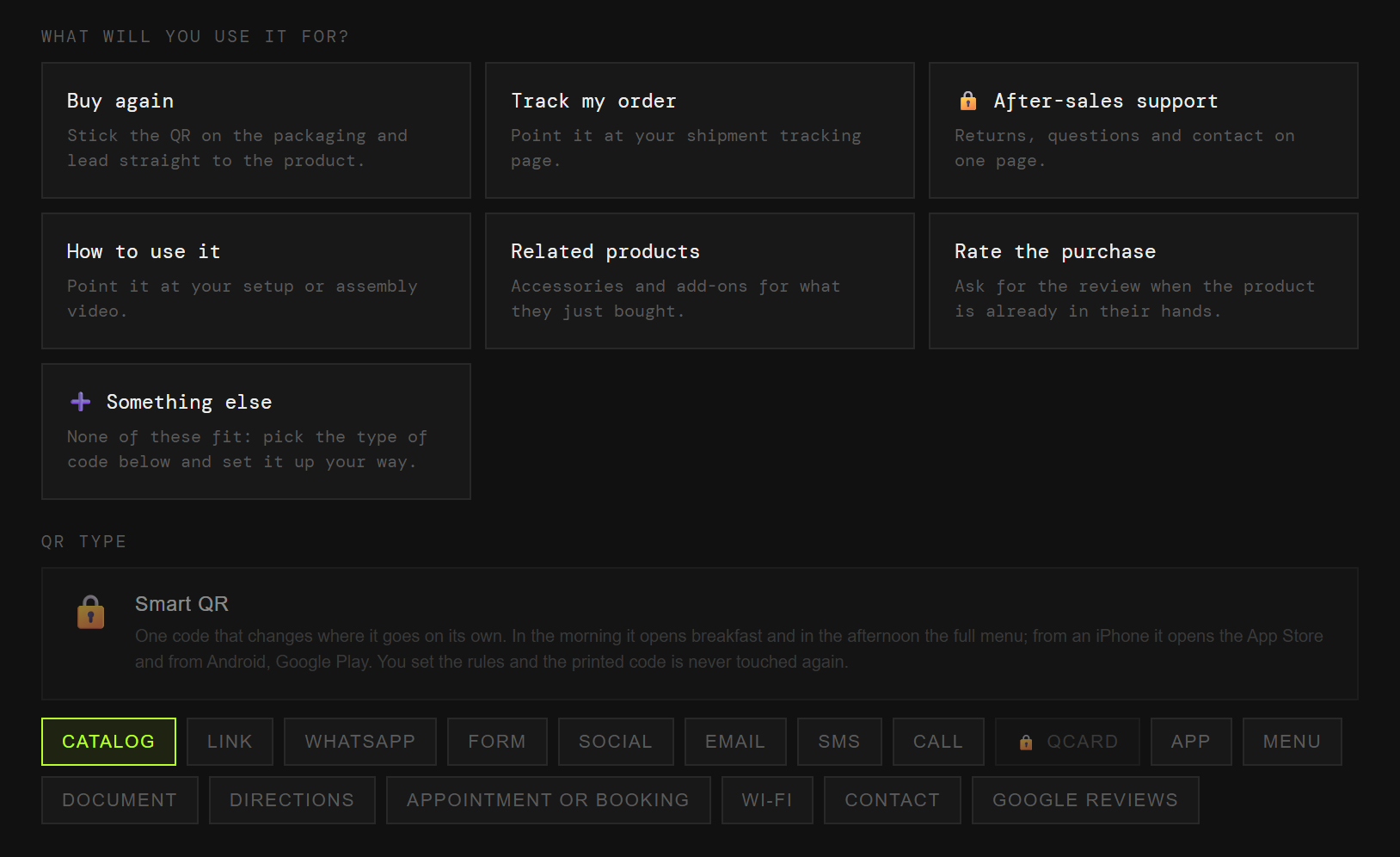 The QRlify generator showing an online shop’s use cases: reorder, track my parcel, after-sales support, how to use it, related products and rate the purchase