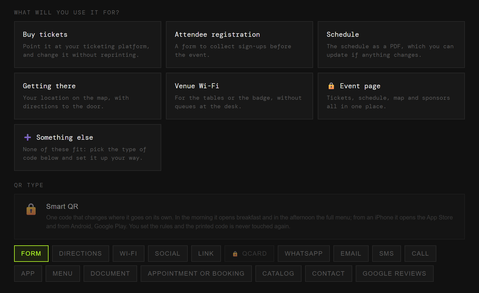 The QRlify generator showing an event’s use cases: buy tickets, attendee registration, programme, how to get there, venue wifi and the event page