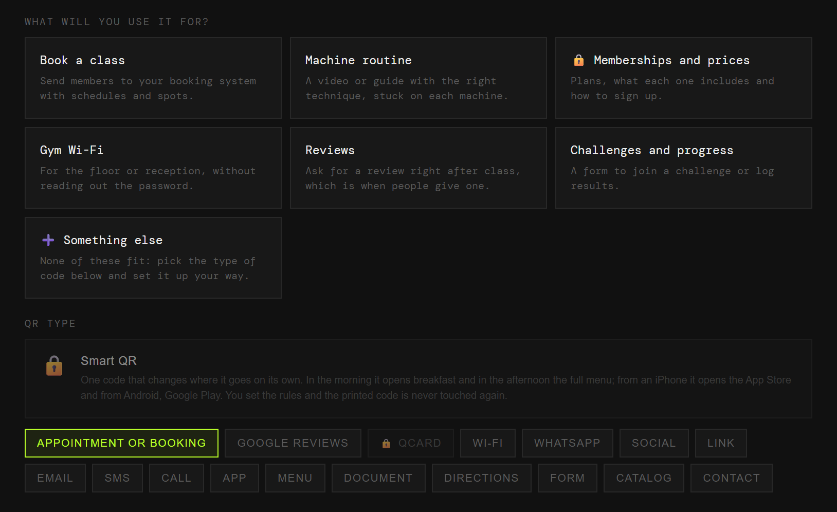 The QRlify generator showing a gym’s use cases: book a class, the routine on the machine, memberships and prices, guest wifi, reviews and challenges