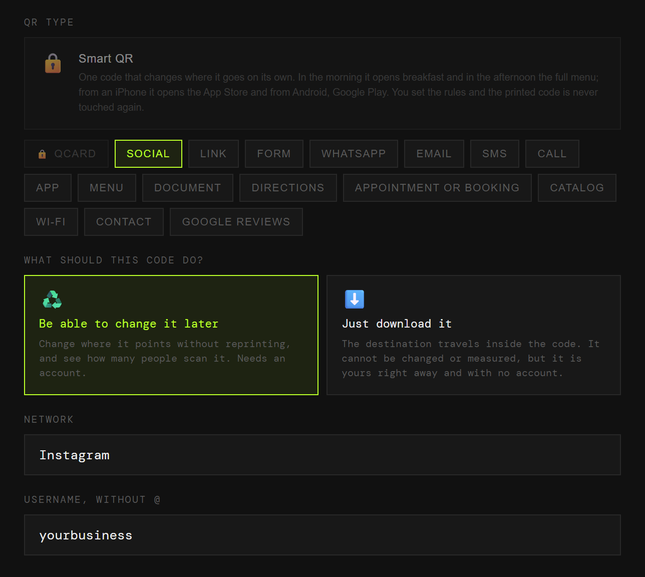The QRlify generator with the Social type picked, Instagram selected and the username field filled in
