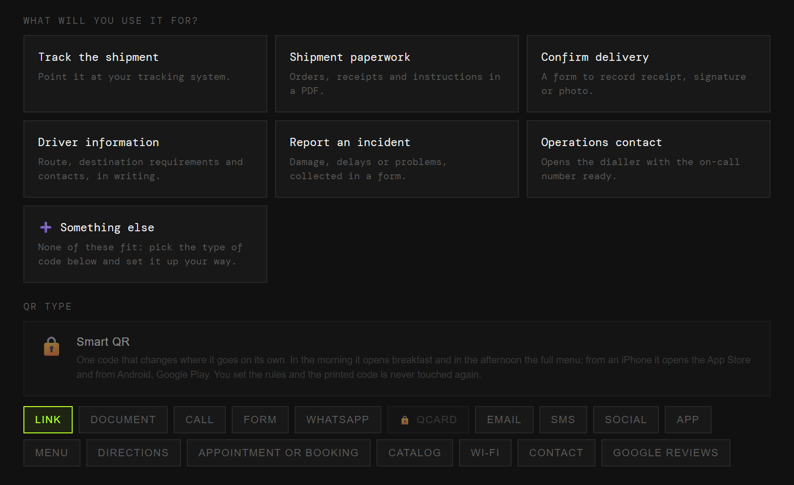 The QRlify generator showing logistics use cases: track the shipment, shipment paperwork, confirm delivery, driver information, report an incident and operations contact