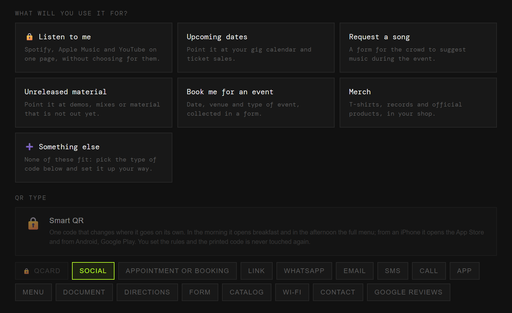 The QRlify generator showing a musician’s use cases: listen, upcoming dates, request a song, unreleased material, book us for an event and merch