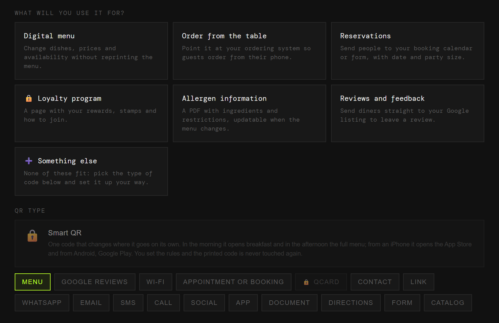 The QRlify generator showing a restaurant’s use cases: digital menu, ordering from the table, reservations, loyalty programme, allergens and reviews