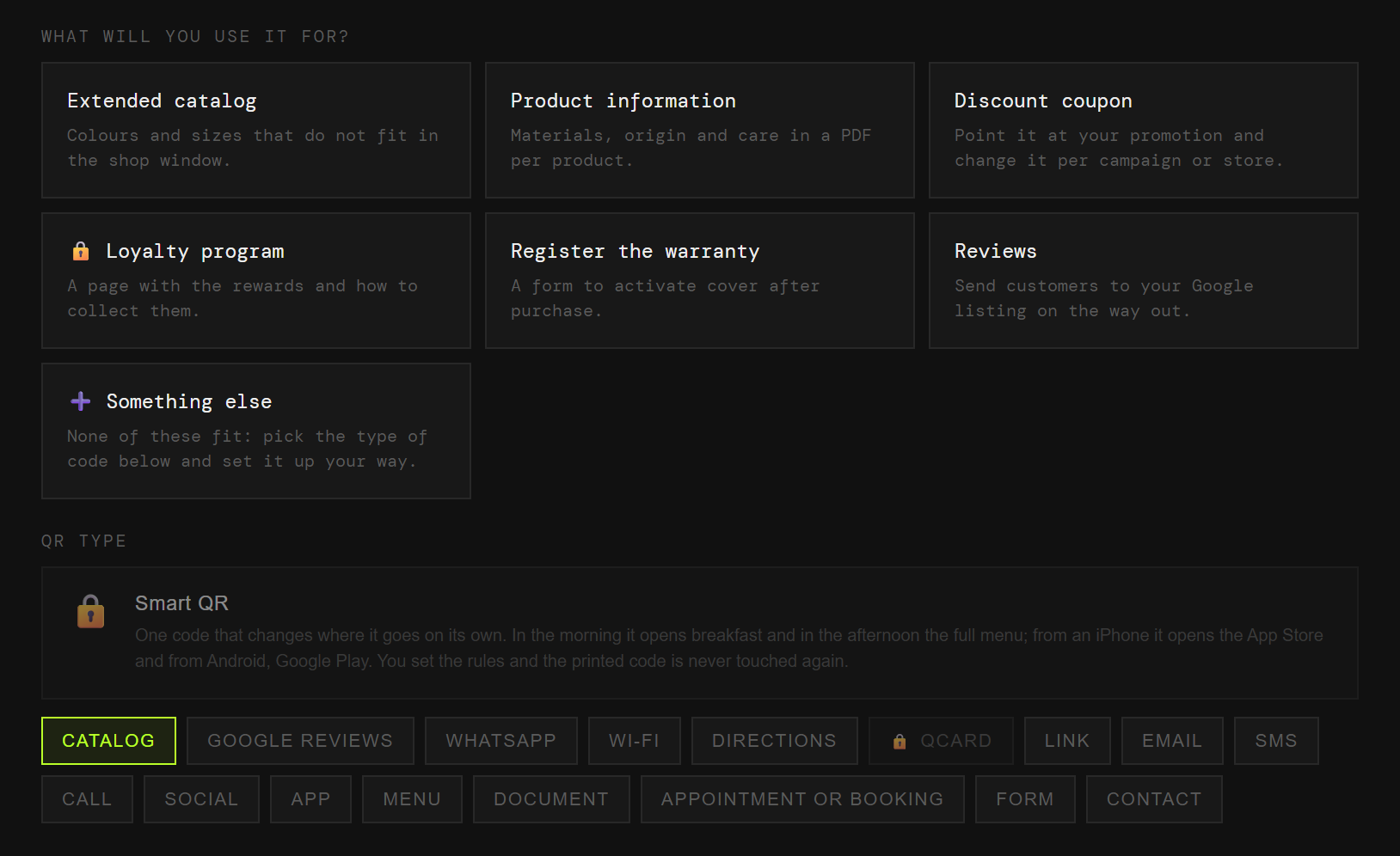 The QRlify generator showing a shop’s use cases: extended catalogue, product information, discount coupon, loyalty programme, warranty registration and reviews