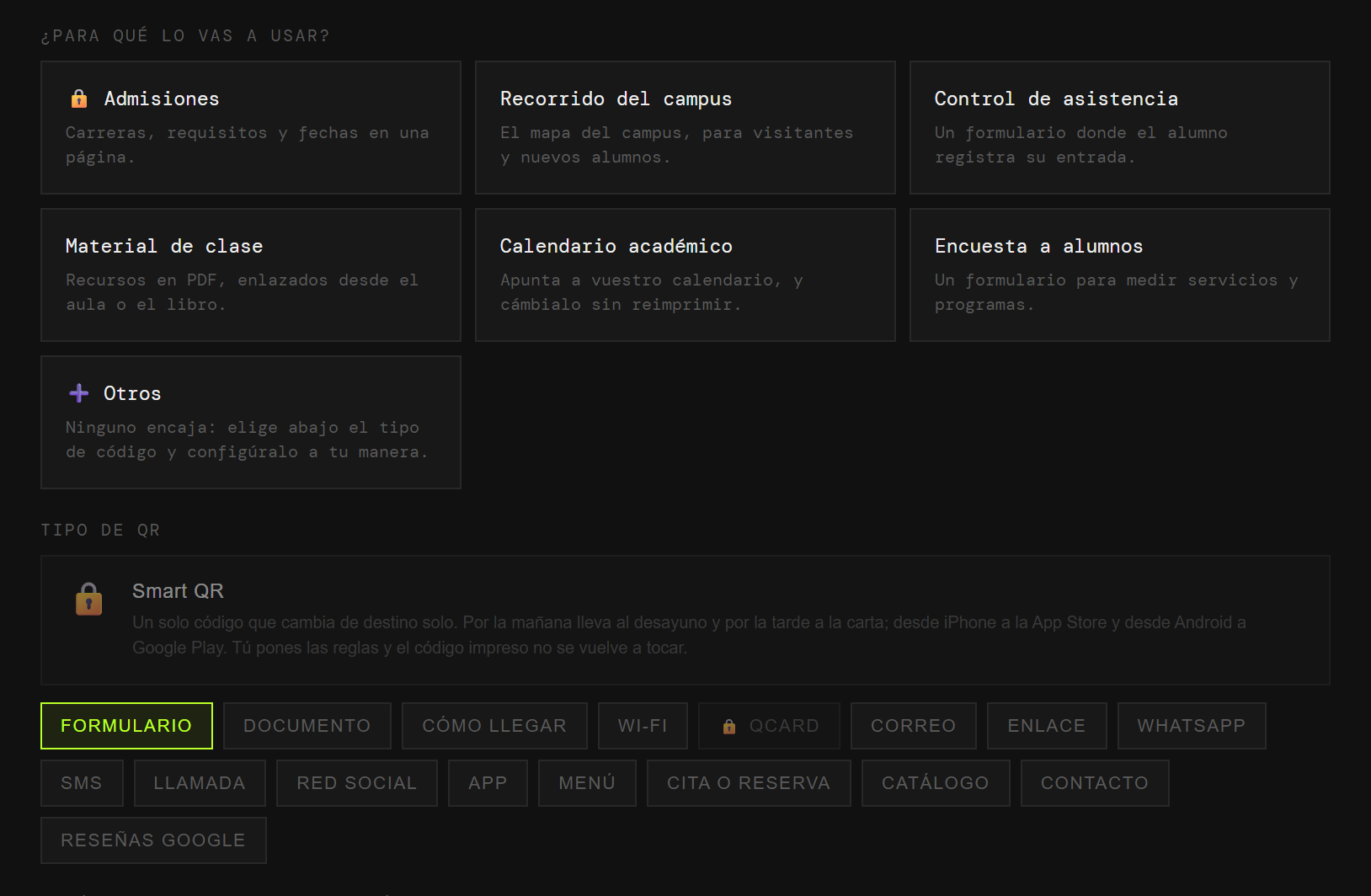 El generador de QRlify con los casos de uso de una escuela: admisiones, recorrido del campus, control de asistencia, material de clase, calendario académico y encuesta a alumnos