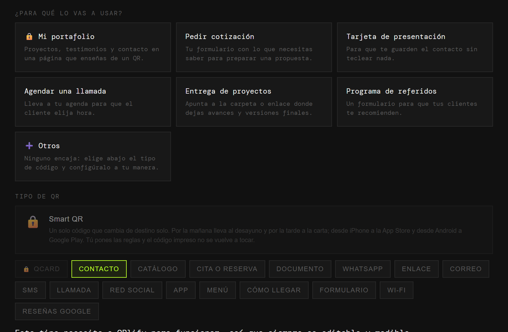 El generador de QRlify con los casos de uso de un freelancer: mi portafolio, pedir cotización, tarjeta de presentación, agendar una llamada, entrega de proyectos y referidos