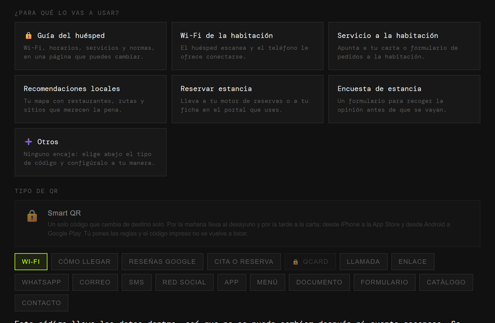 El generador de QRlify con los casos de uso de un hotel: guía del huésped, wifi de la habitación, servicio a la habitación, recomendaciones locales, reservas y encuesta