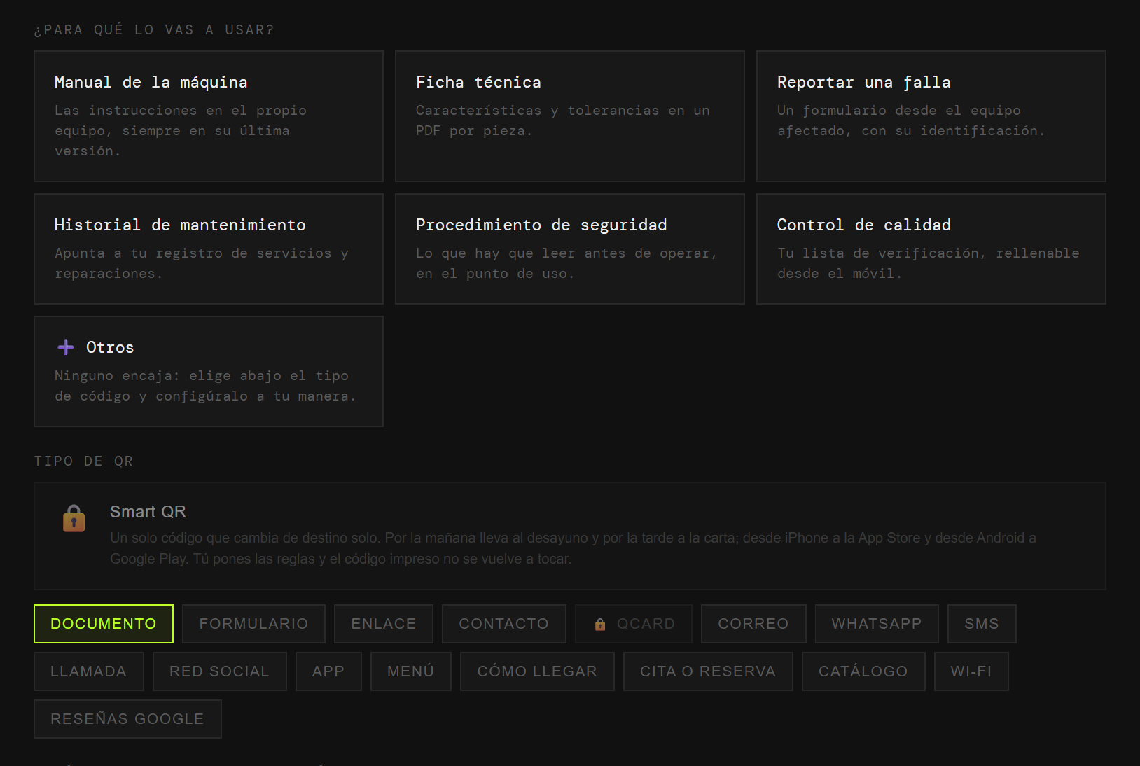 El generador de QRlify con los casos de uso de la industria: manual de la máquina, ficha técnica, reportar una falla, historial de mantenimiento, procedimiento de seguridad y control de calidad