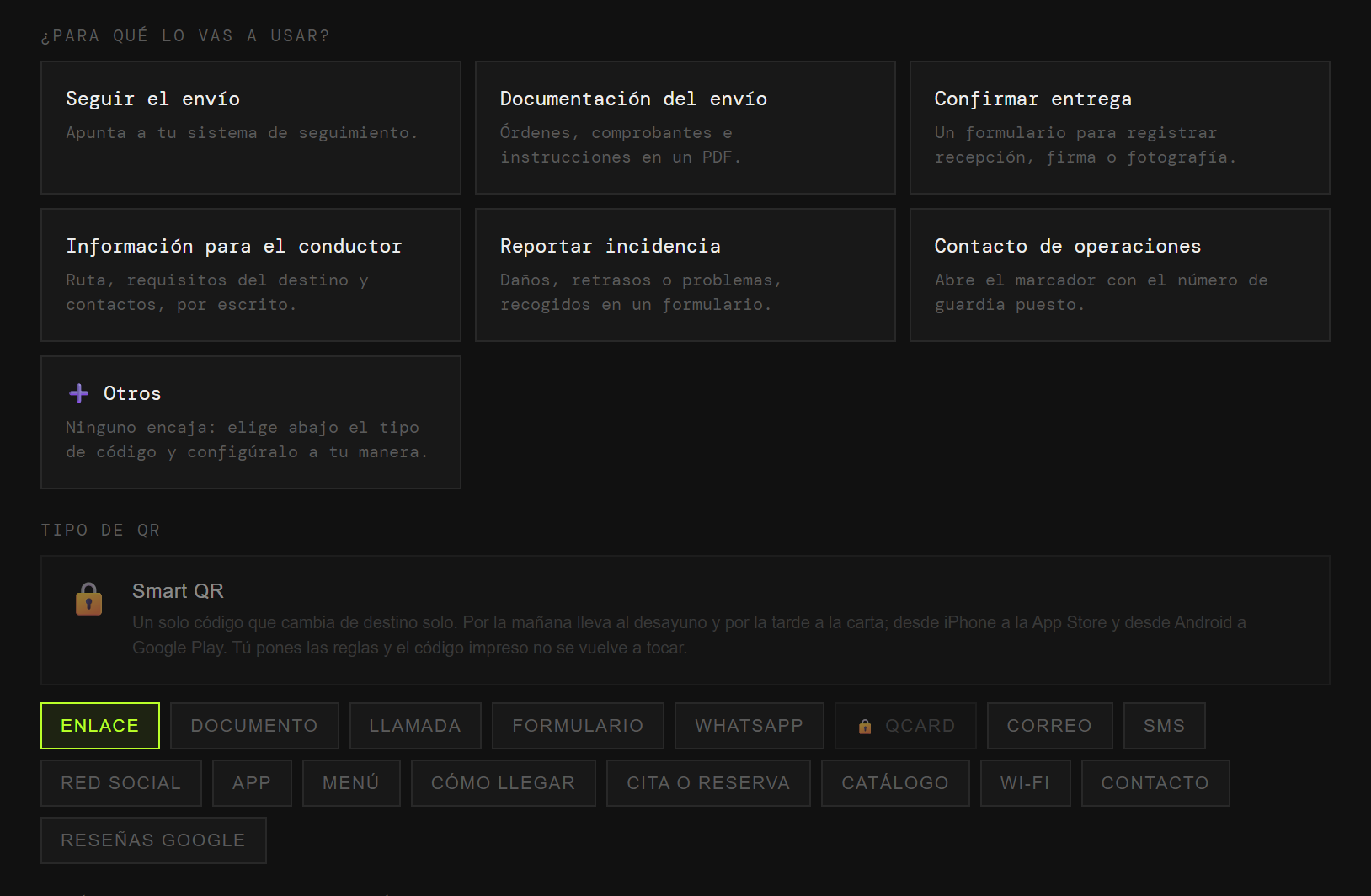 El generador de QRlify con los casos de uso de logística: seguir el envío, documentación del envío, confirmar entrega, información para el conductor, reportar incidencia y contacto de operaciones
