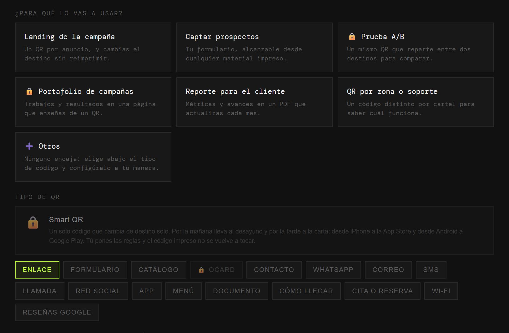 El generador de QRlify con los casos de uso de marketing: landing de la campaña, captar prospectos, prueba A/B, portafolio de campañas, reporte para el cliente y QR por zona o soporte