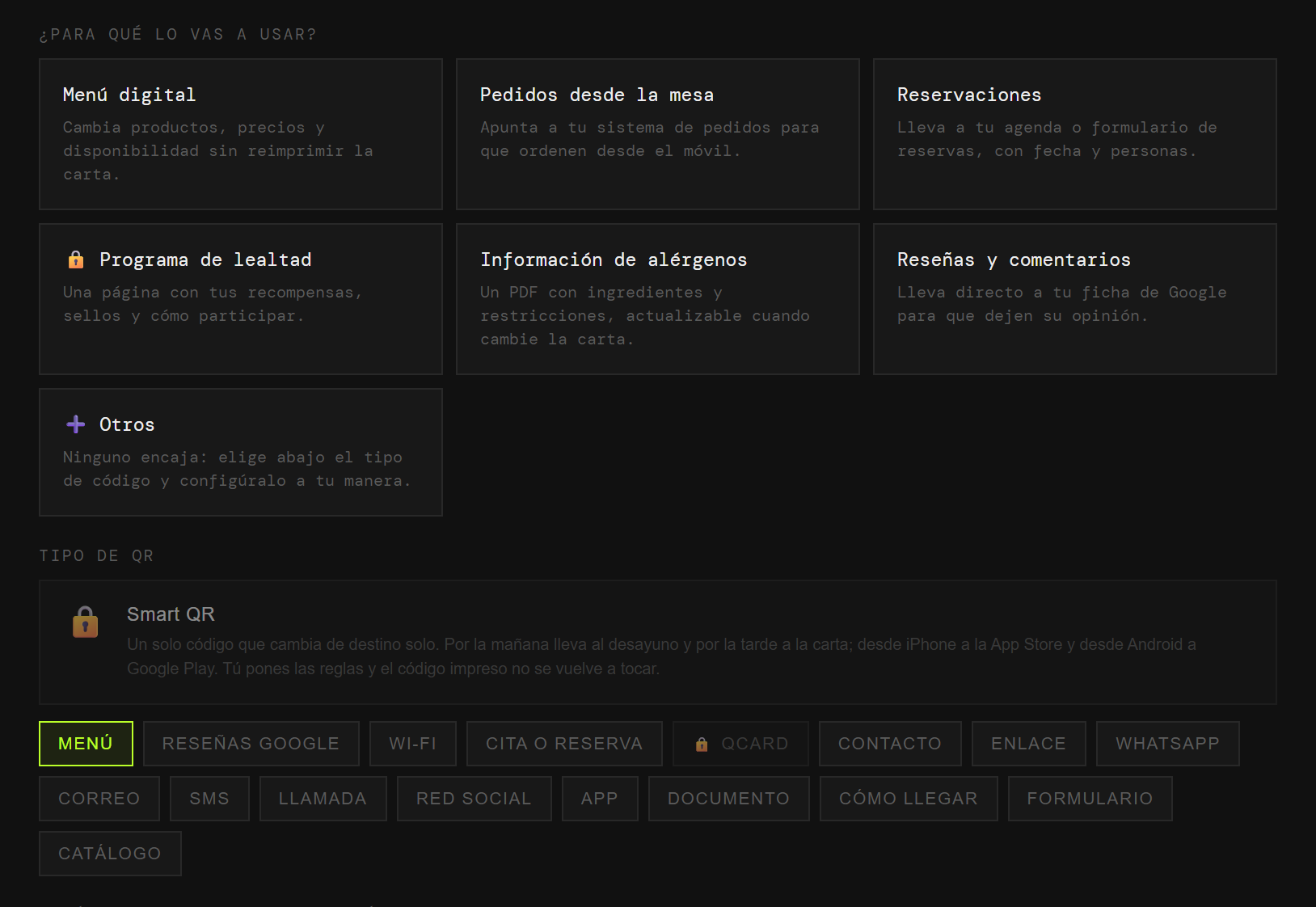 El generador de QRlify con los casos de uso de un restaurante: menú digital, pedidos desde la mesa, reservaciones, programa de lealtad, alérgenos y reseñas