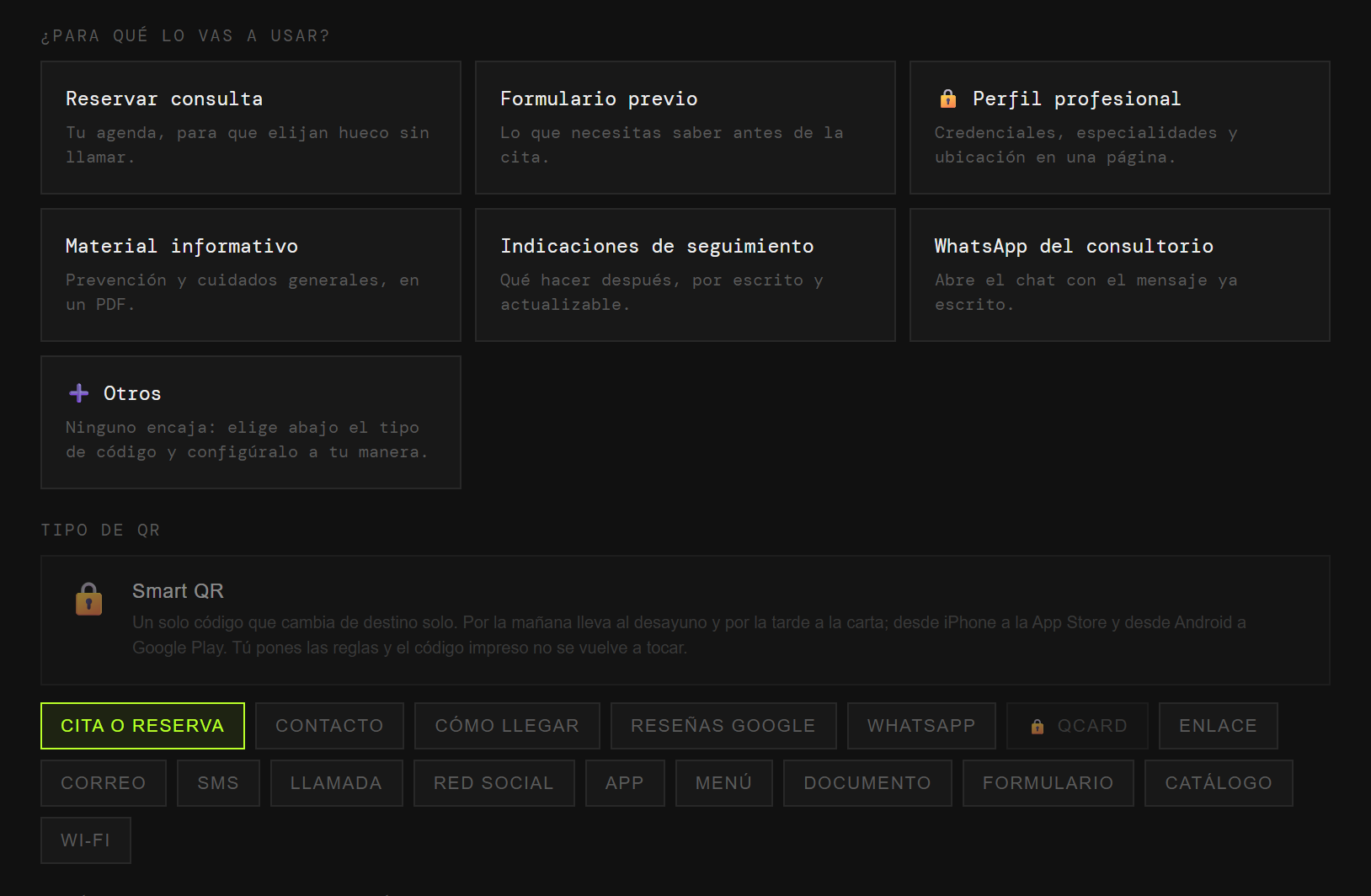 El generador de QRlify con los casos de uso de un consultorio: reservar consulta, formulario previo, perfil profesional, material informativo, indicaciones de seguimiento y WhatsApp del consultorio