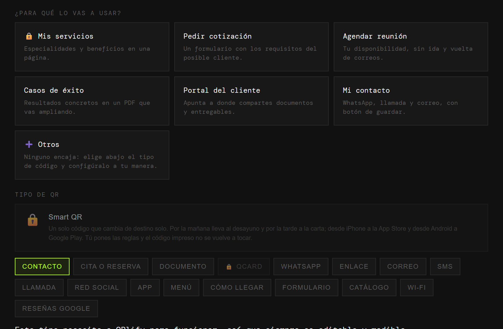 El generador de QRlify con los casos de uso de servicios profesionales: mis servicios, pedir cotización, agendar reunión, casos de éxito, portal del cliente y contacto