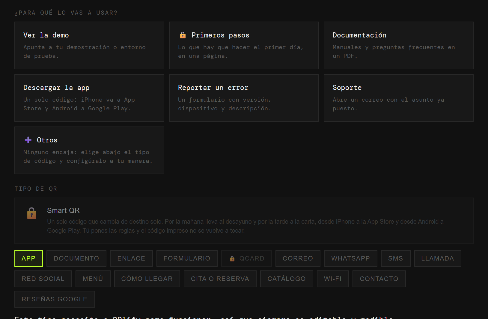El generador de QRlify con los casos de uso de tecnología: ver la demo, primeros pasos, documentación, descargar la app, reportar un error y soporte