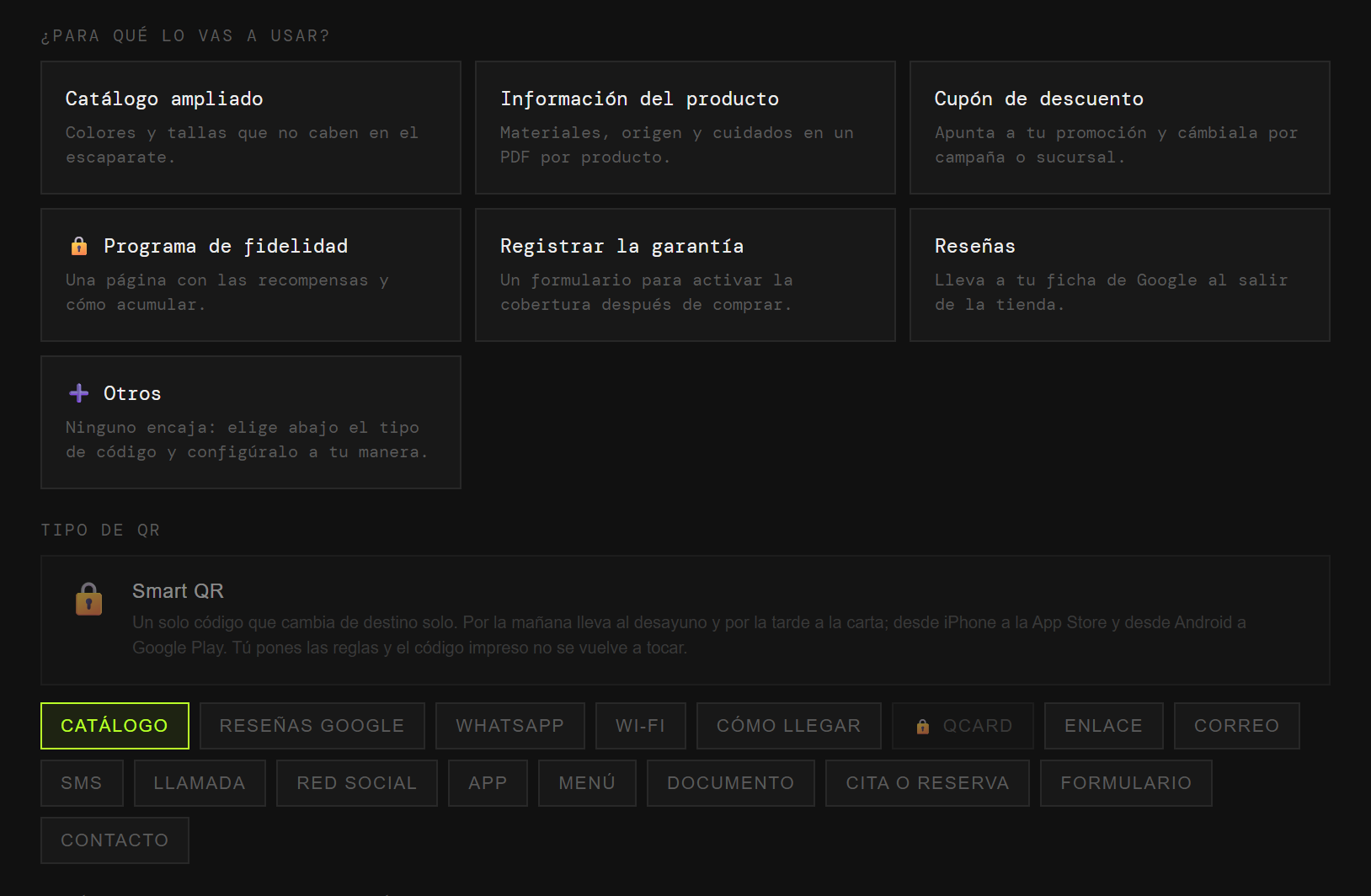 El generador de QRlify con los casos de uso de una tienda: catálogo ampliado, información del producto, cupón de descuento, programa de fidelidad, garantía y reseñas