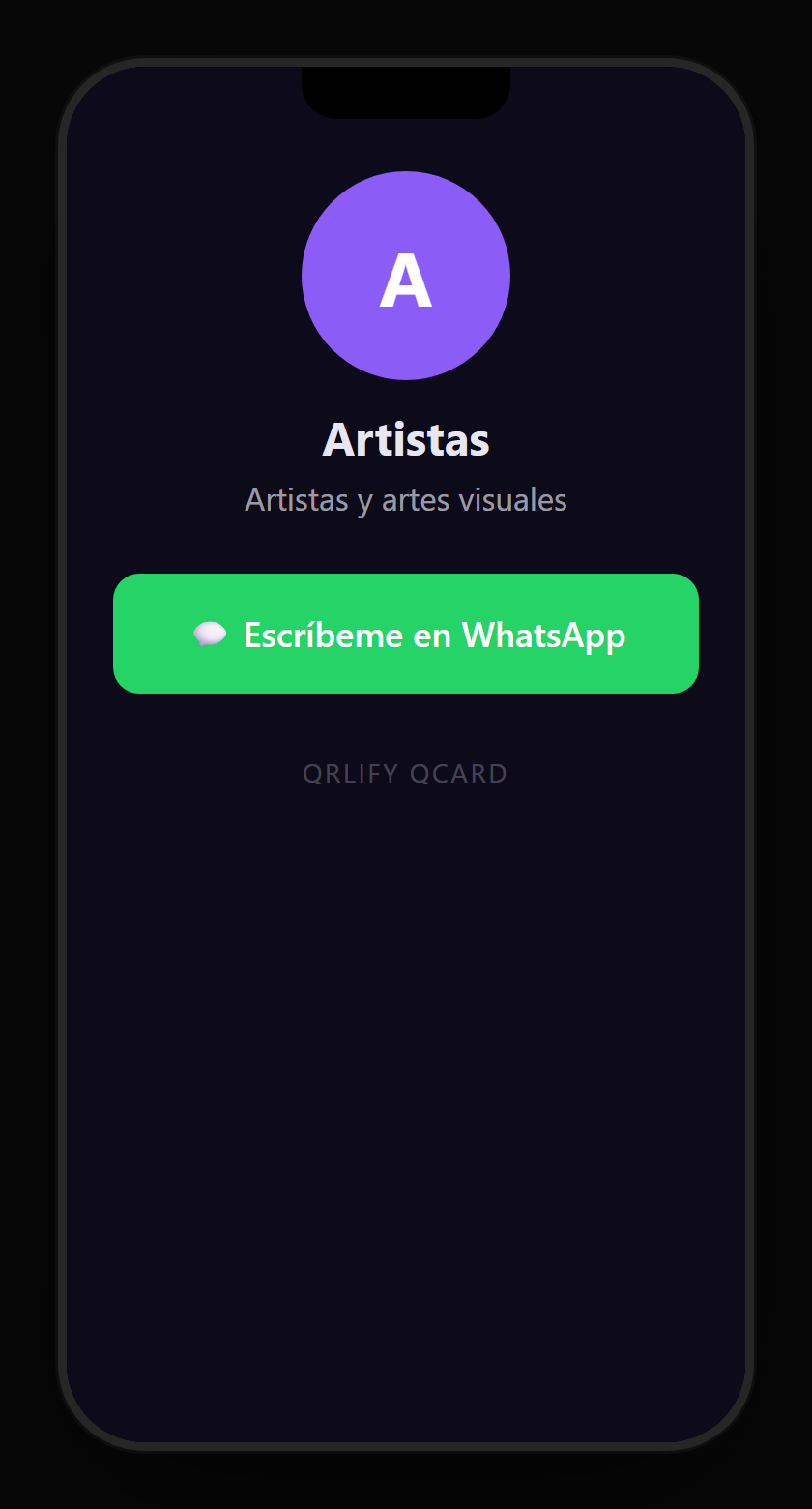 Una QCard de artista en el móvil: nombre, descripción y botones a la galería de obras, la historia de la pieza, comprar y los encargos