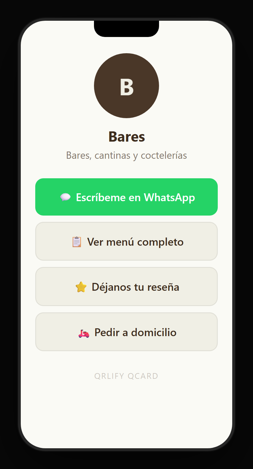 Una QCard de bar en el móvil: nombre, descripción y botones a la carta de bebidas, las entradas del próximo concierto, las reseñas y WhatsApp