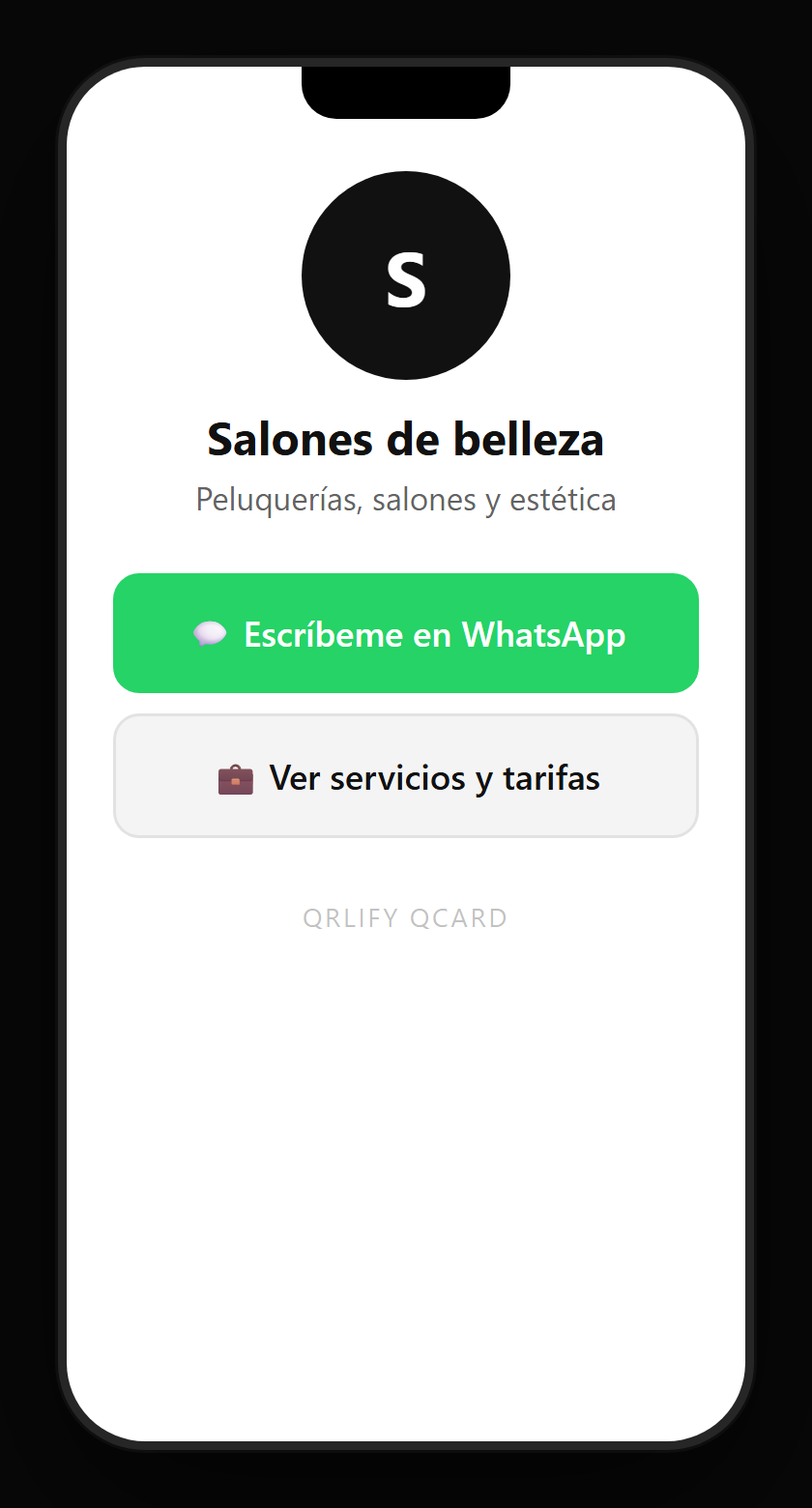 Una QCard de salón de belleza en el móvil: nombre, descripción y botones a reservar cita, el catálogo de estilos, los cuidados después y WhatsApp