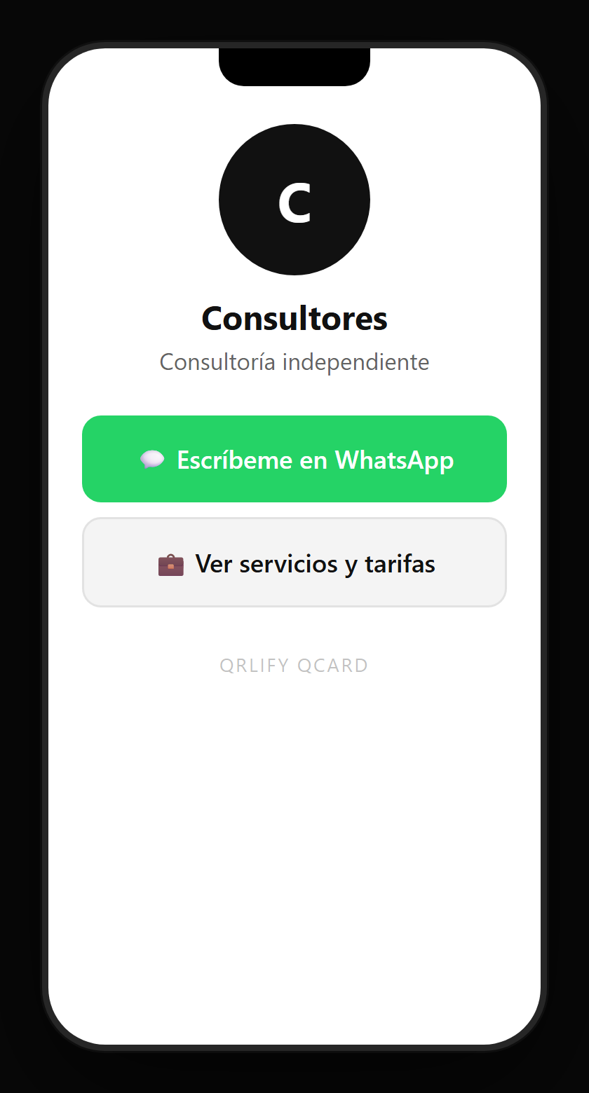 Una QCard de consultor en el móvil: nombre, descripción y botones al diagnóstico inicial, agendar consultoría, los casos de éxito y el contacto