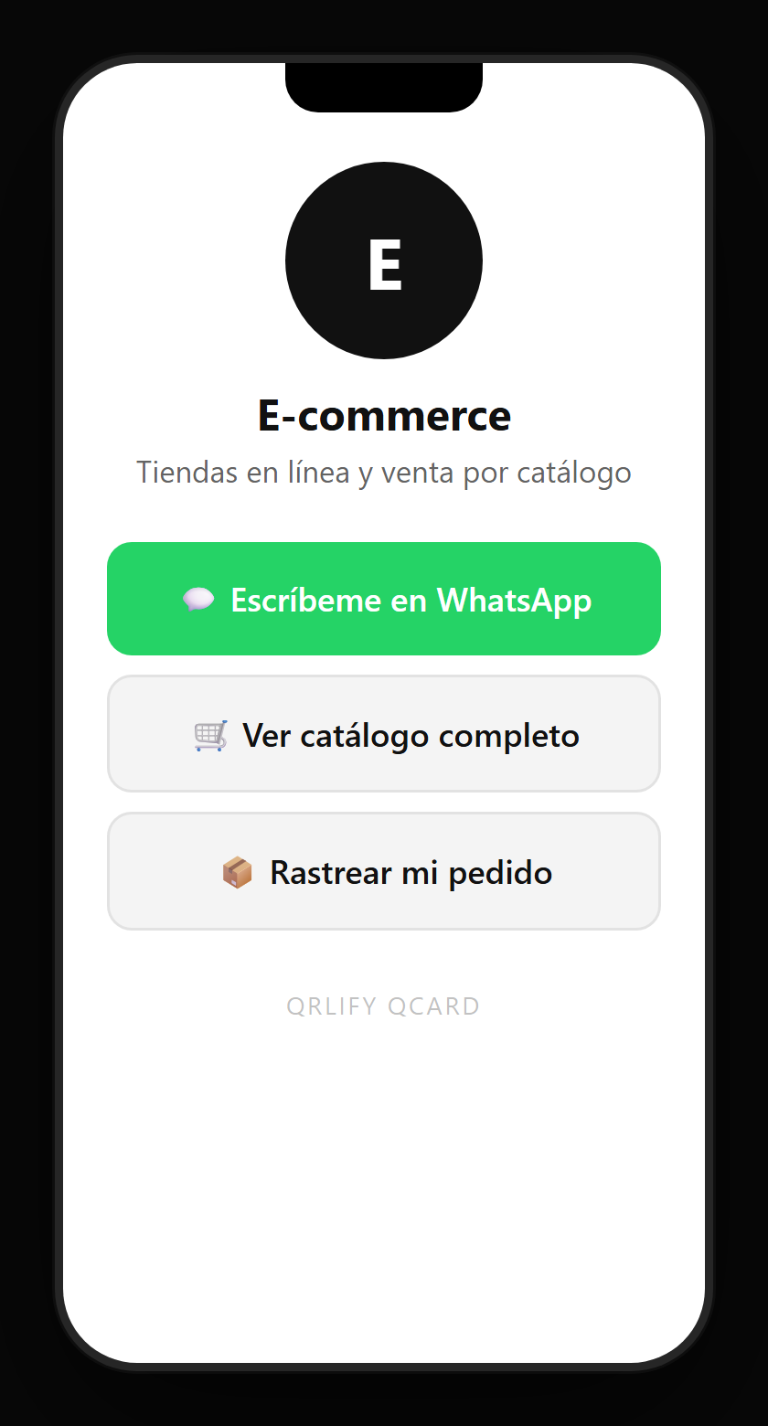 Una QCard de tienda en línea en el móvil: nombre, descripción y botones a seguir el pedido, soporte por WhatsApp, el catálogo y las valoraciones