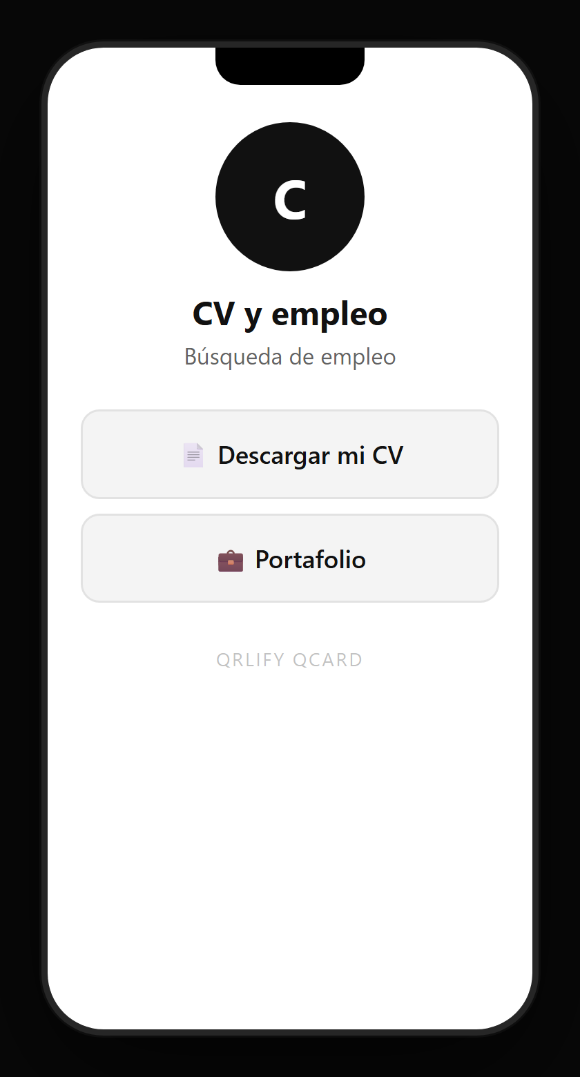 Una QCard para búsqueda de empleo en el móvil: nombre, descripción y botones al CV, el portafolio, el vídeo de presentación y LinkedIn