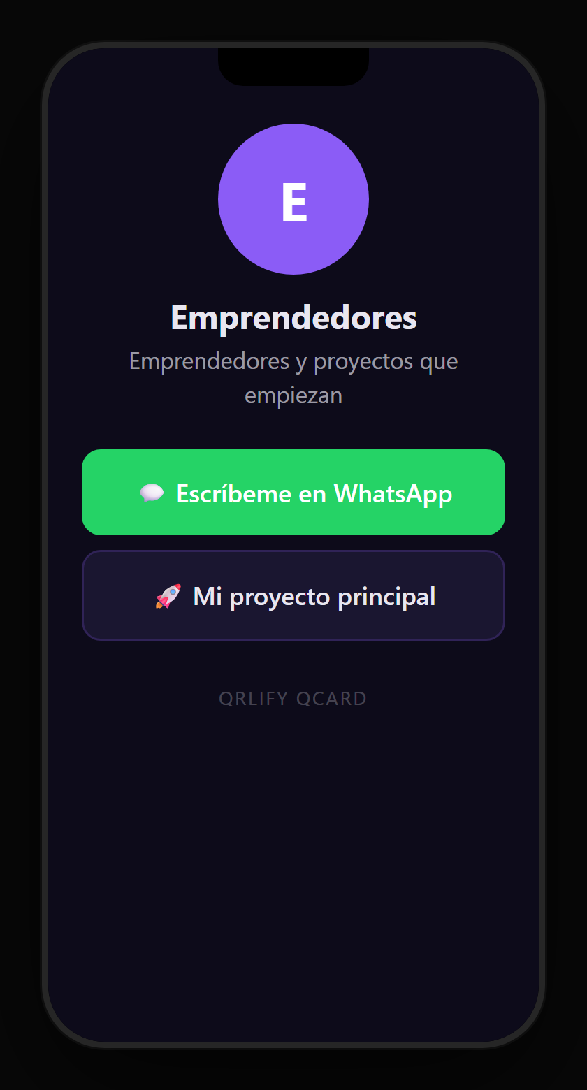 Una QCard de emprendedor en el móvil: nombre del proyecto, descripción y botones al catálogo, apuntarse a la lista de espera y WhatsApp