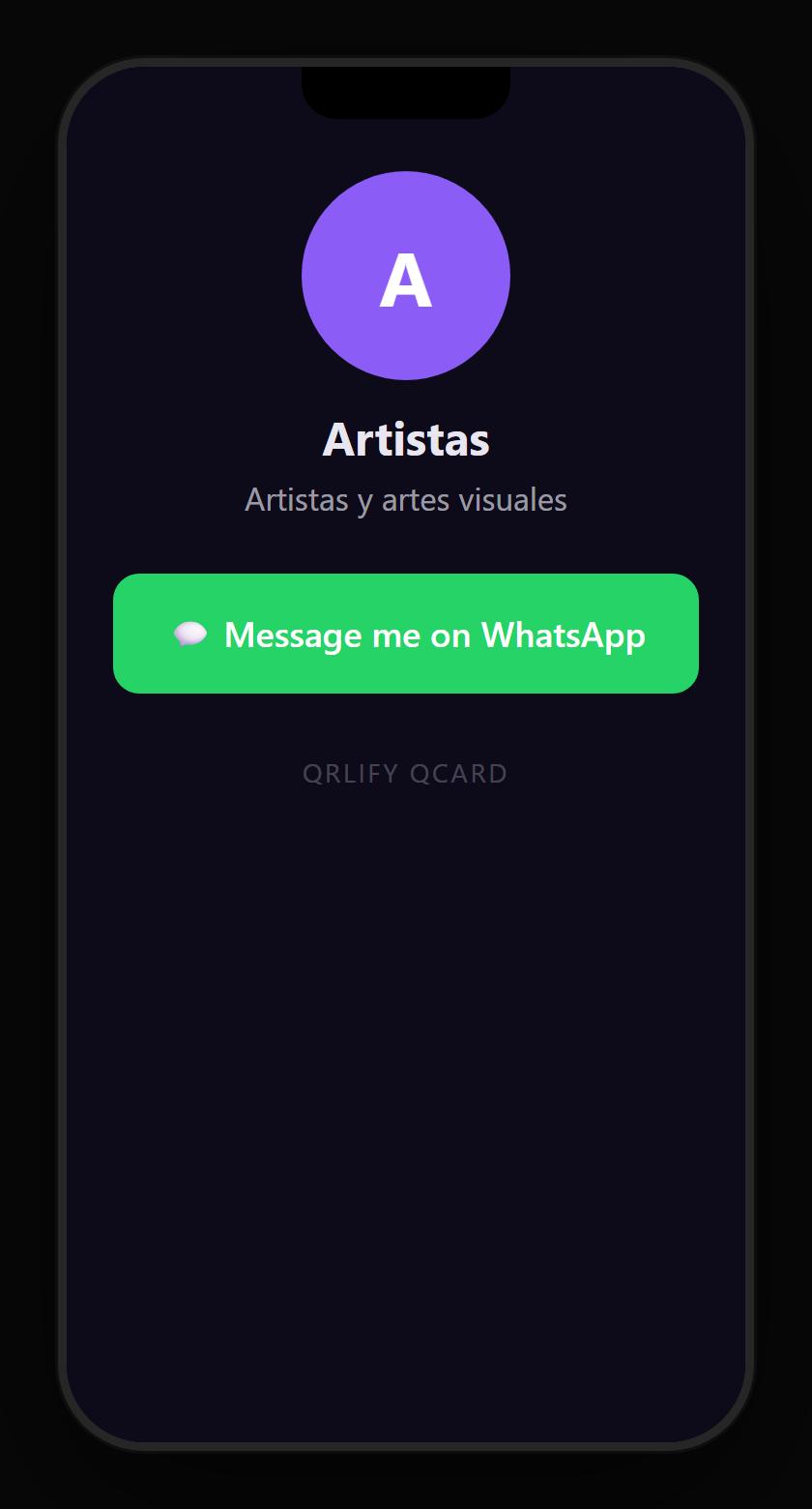 An artist QCard on a phone: name, description and buttons to the gallery of works, the story behind the piece, buy it and commissions