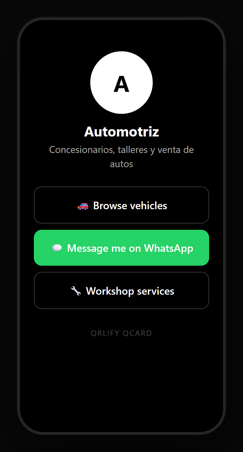 A dealership QCard on a phone: vehicle model, description and buttons to the sheet, book a test drive, the quote and the salesperson’s WhatsApp