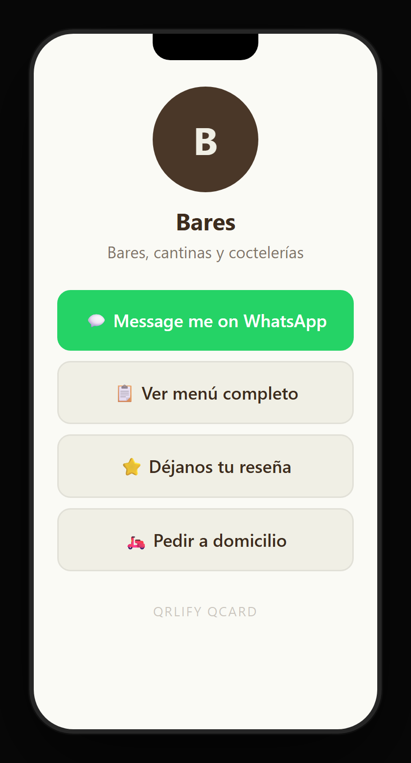 A bar QCard on a phone: name, description and buttons to the drinks list, tickets for the next gig, the reviews and WhatsApp