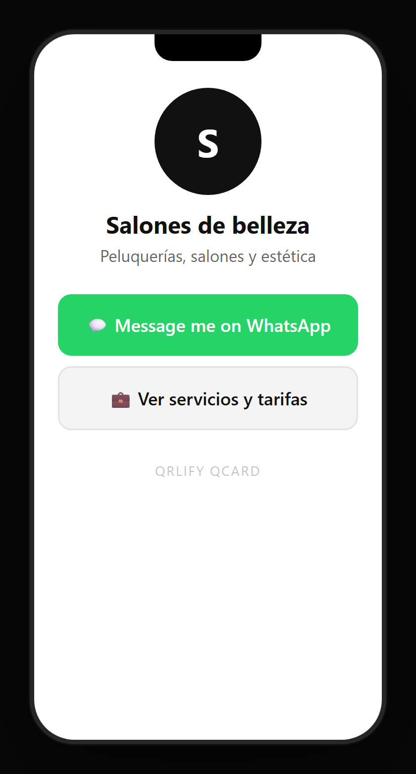 A salon QCard on a phone: name, description and buttons to book an appointment, the lookbook, the aftercare and WhatsApp