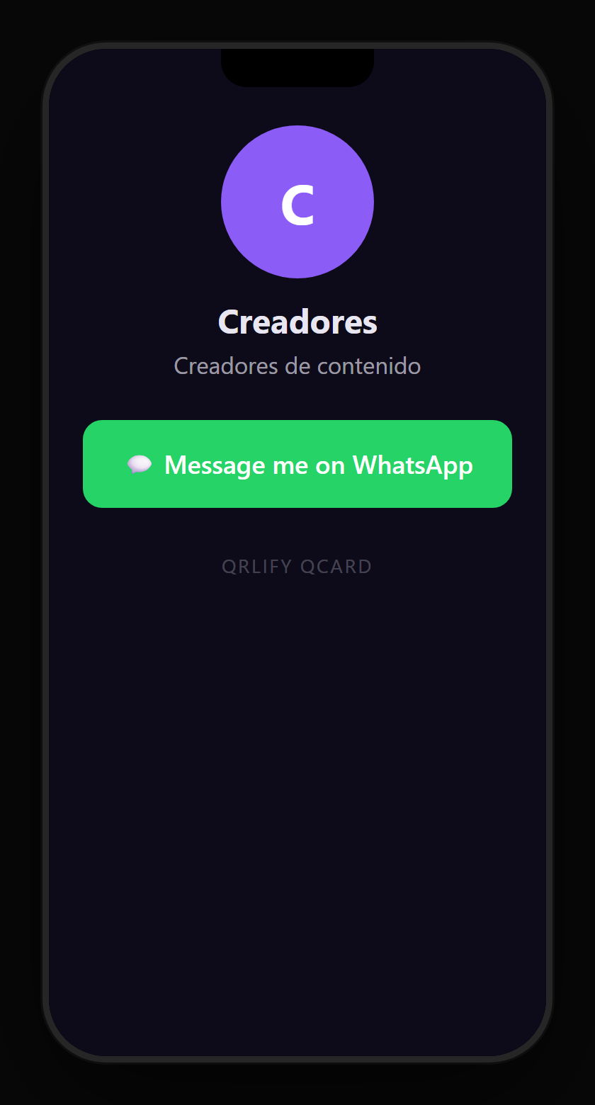 A content creator QCard on a phone: name, description and buttons to Instagram, TikTok, YouTube and the newsletter