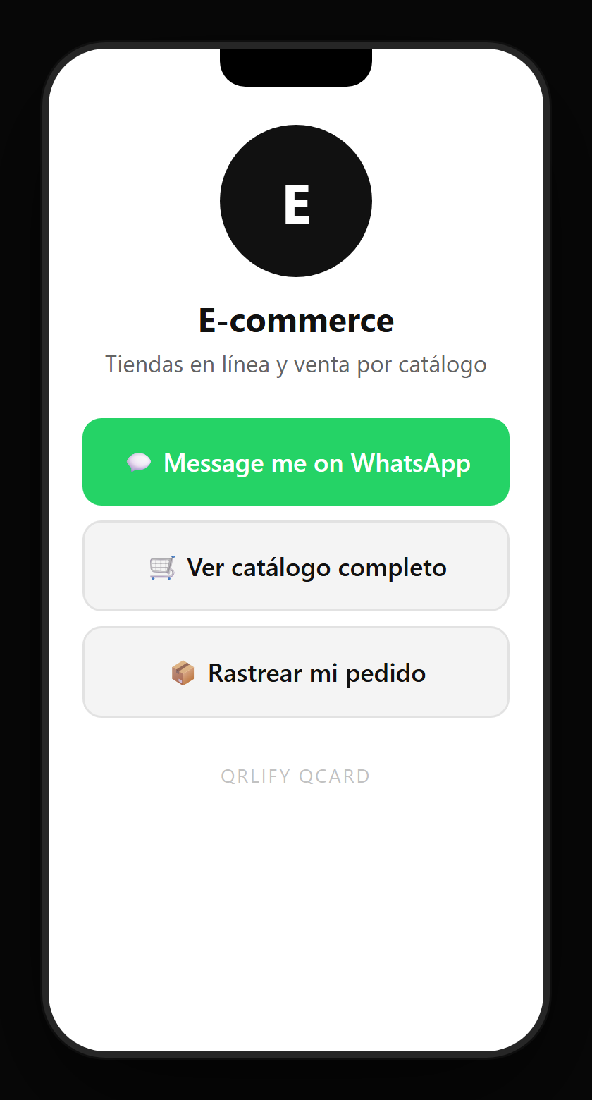 An online shop QCard on a phone: name, description and buttons to track the order, WhatsApp support, the catalogue and the ratings