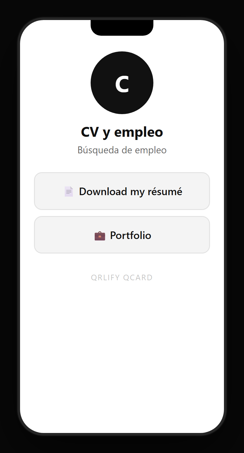 A job hunting QCard on a phone: name, description and buttons to the CV, the portfolio, the video introduction and LinkedIn