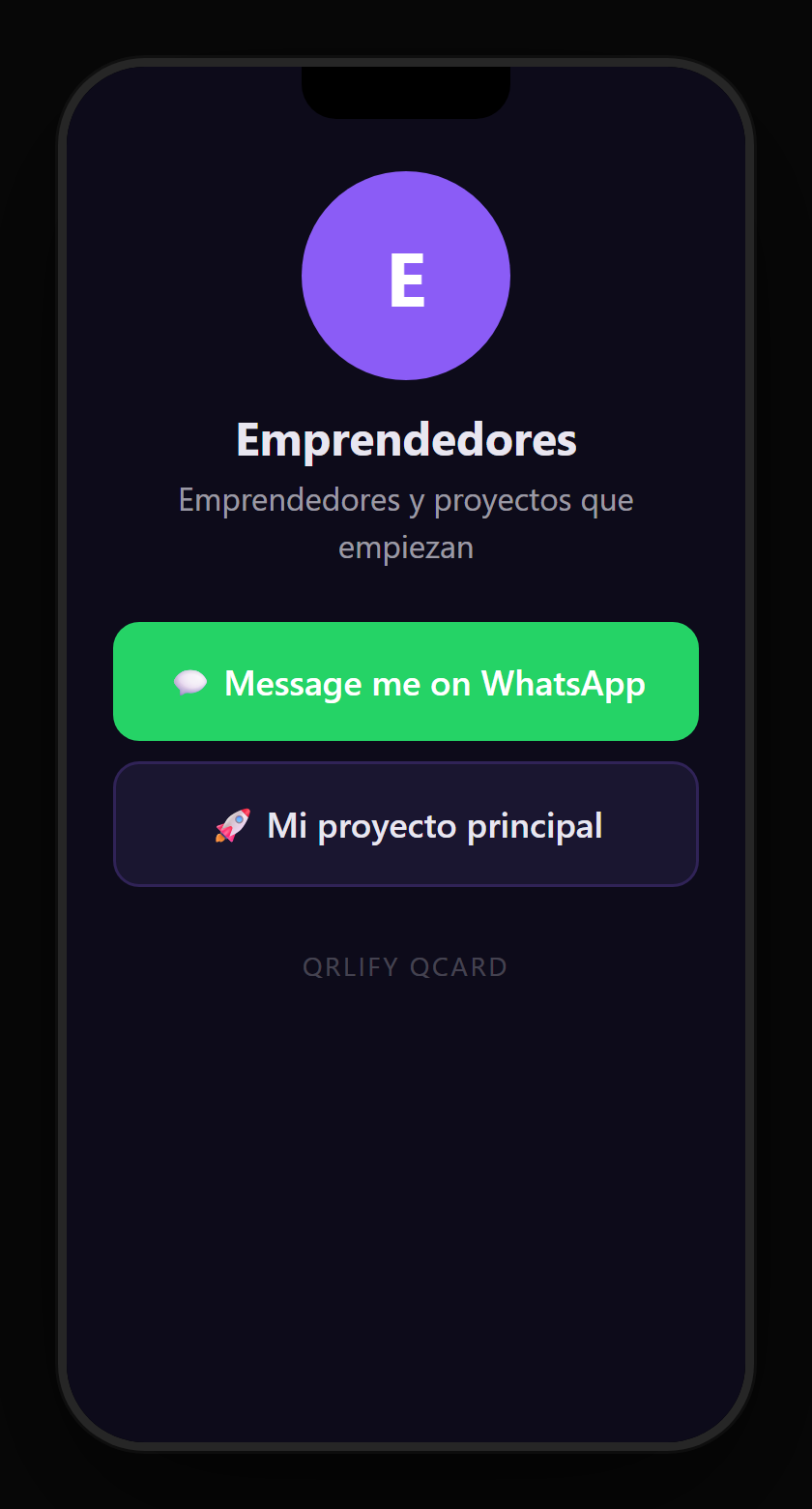 An entrepreneur QCard on a phone: project name, description and buttons to the catalogue, join the waiting list and WhatsApp