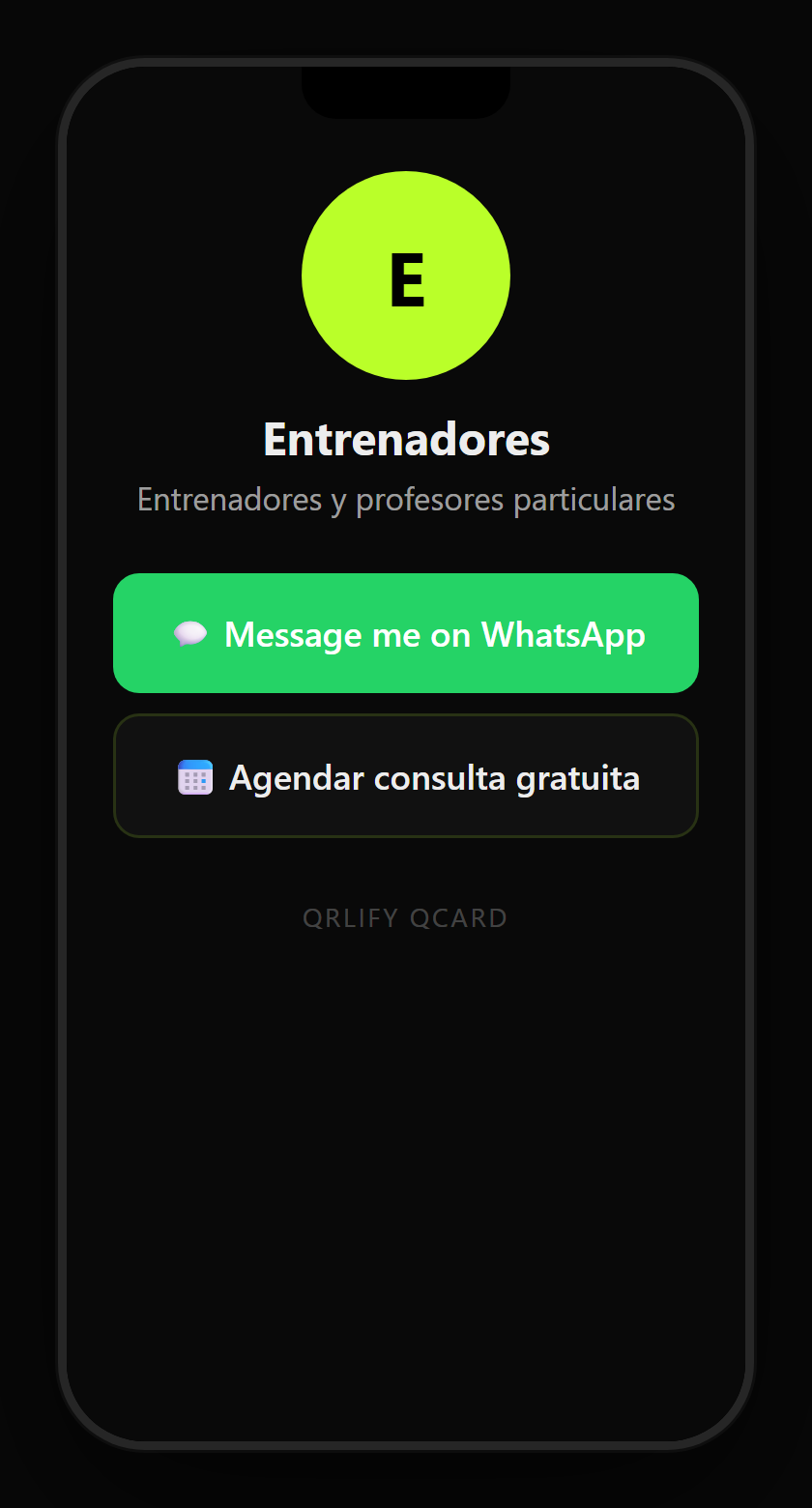 A personal trainer QCard on a phone: name, description and buttons to the training routine, book a class, the material and WhatsApp