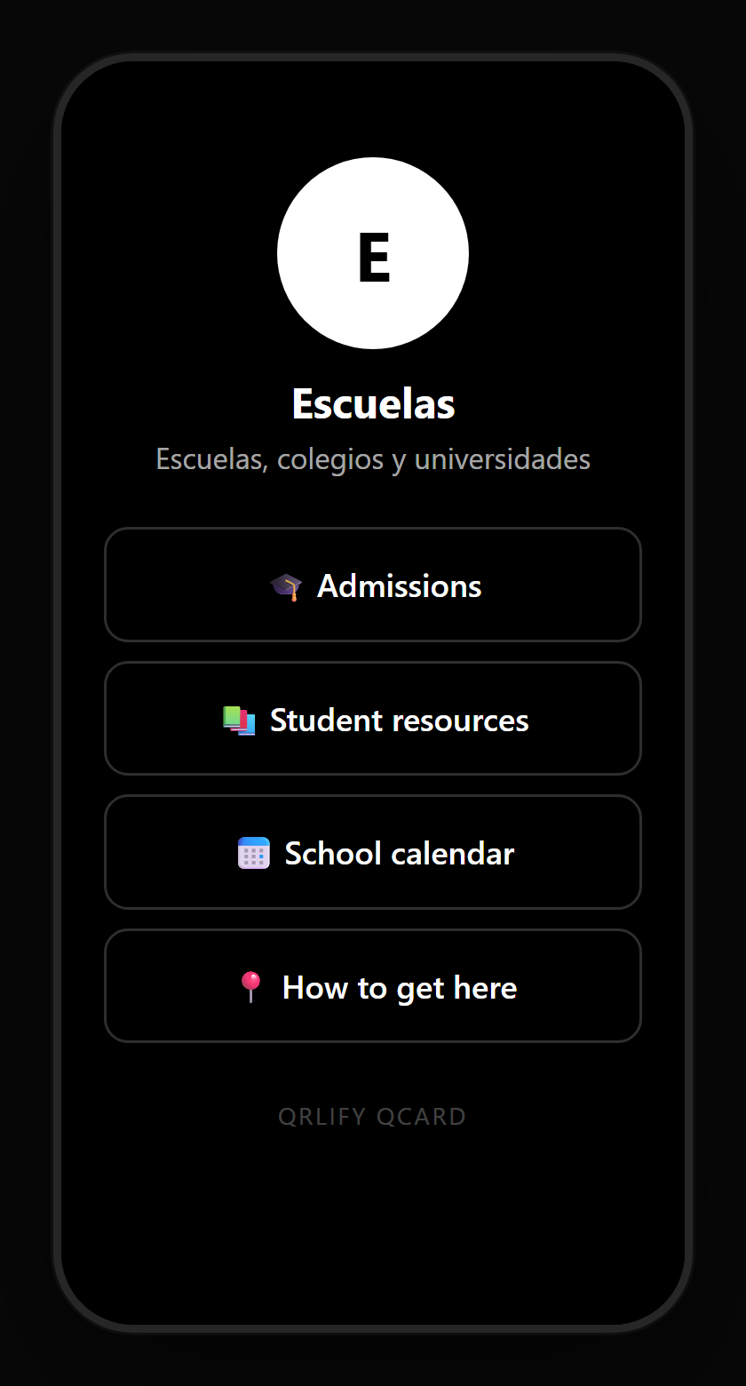 A school QCard on a phone: name, description and buttons to admissions, the academic calendar, class materials and the office contact