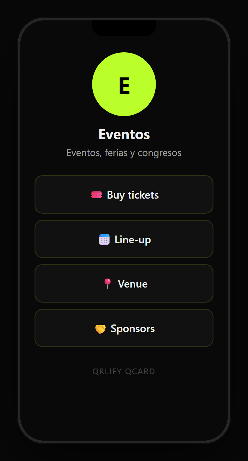 An event QCard on a phone: name, description and buttons to buy tickets, the programme, how to get there and the organiser contact