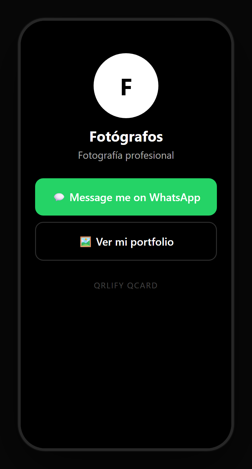 A photographer QCard on a phone: name, description and buttons to the portfolio, book a shoot, the event album and the contact