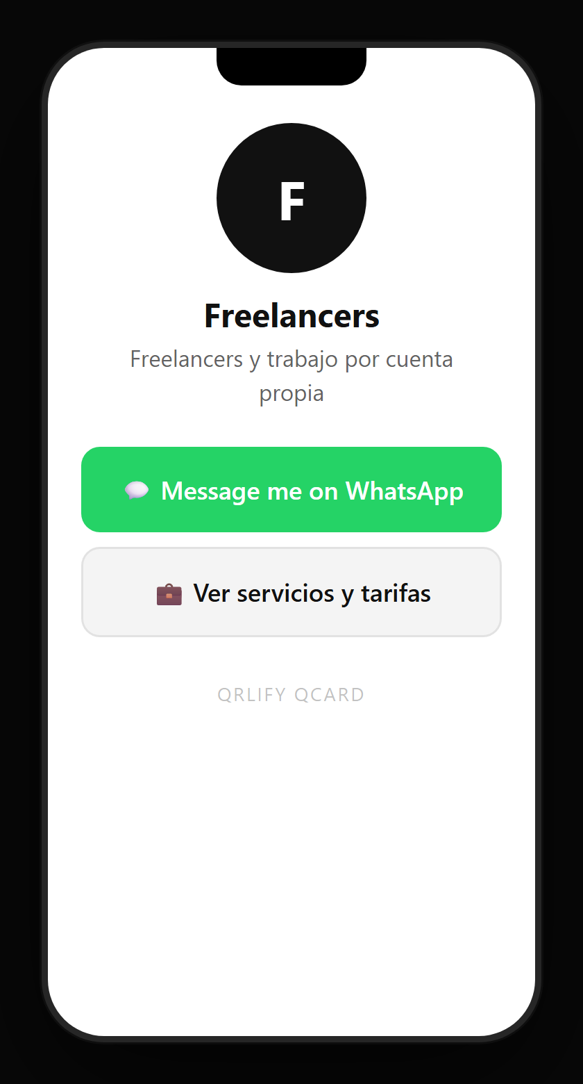 A freelancer QCard on a phone: name, description and buttons to the portfolio, book a call, request a quote and WhatsApp