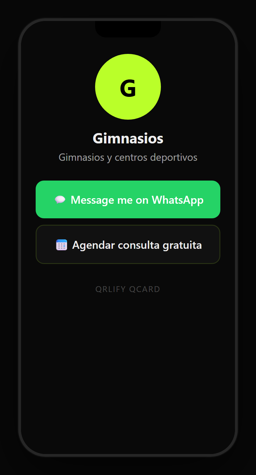 A gym QCard on a phone: name, description and buttons to book a class, the memberships, this month’s challenge and WhatsApp