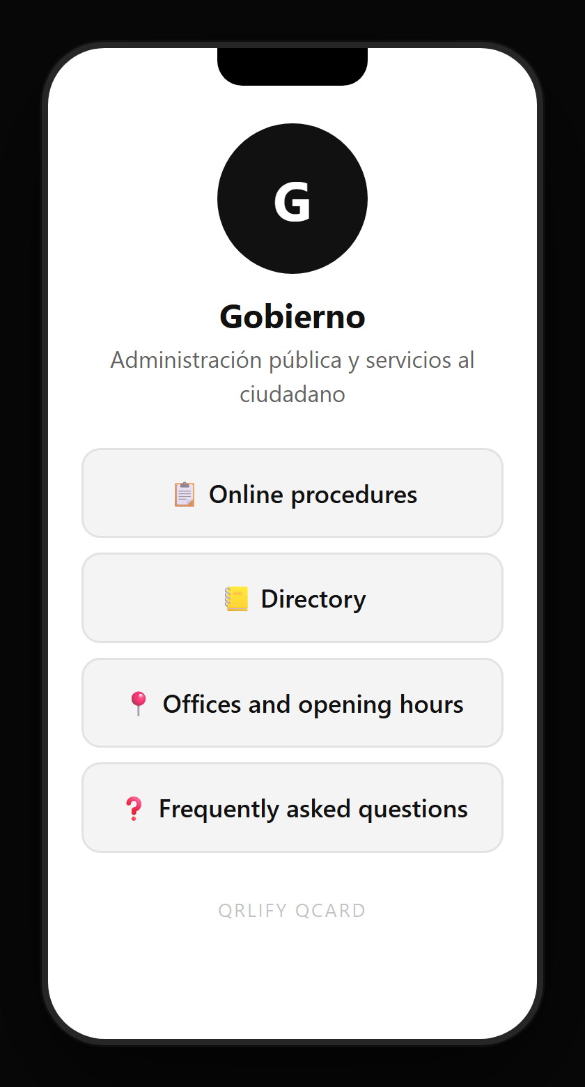 A public administration QCard on a phone: office name, description and buttons to start the application, the requirements, track the case and the directory
