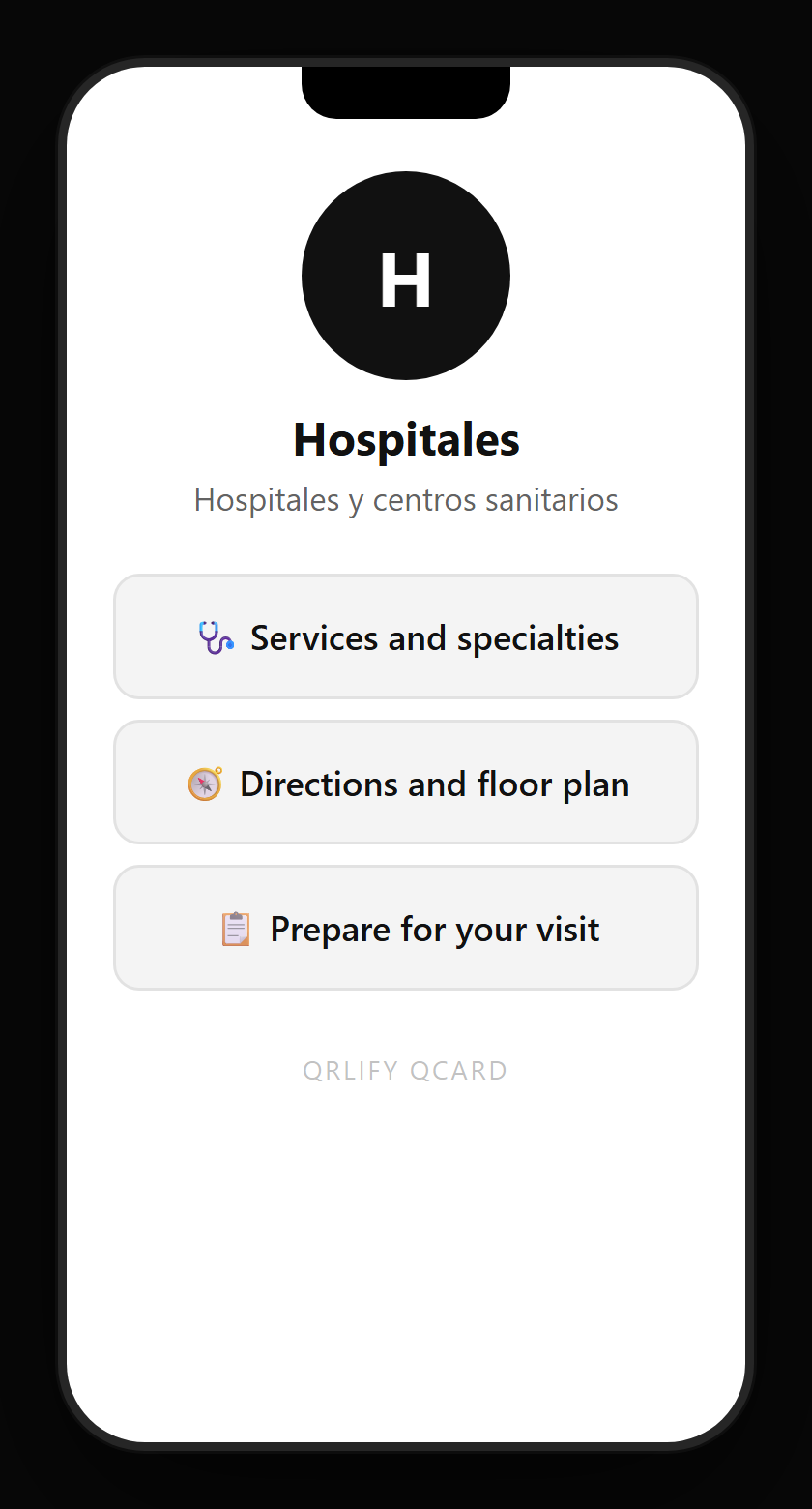 A healthcare QCard on a phone: name, description and buttons to patient check-in, finding your way, scan preparation and the unit contact