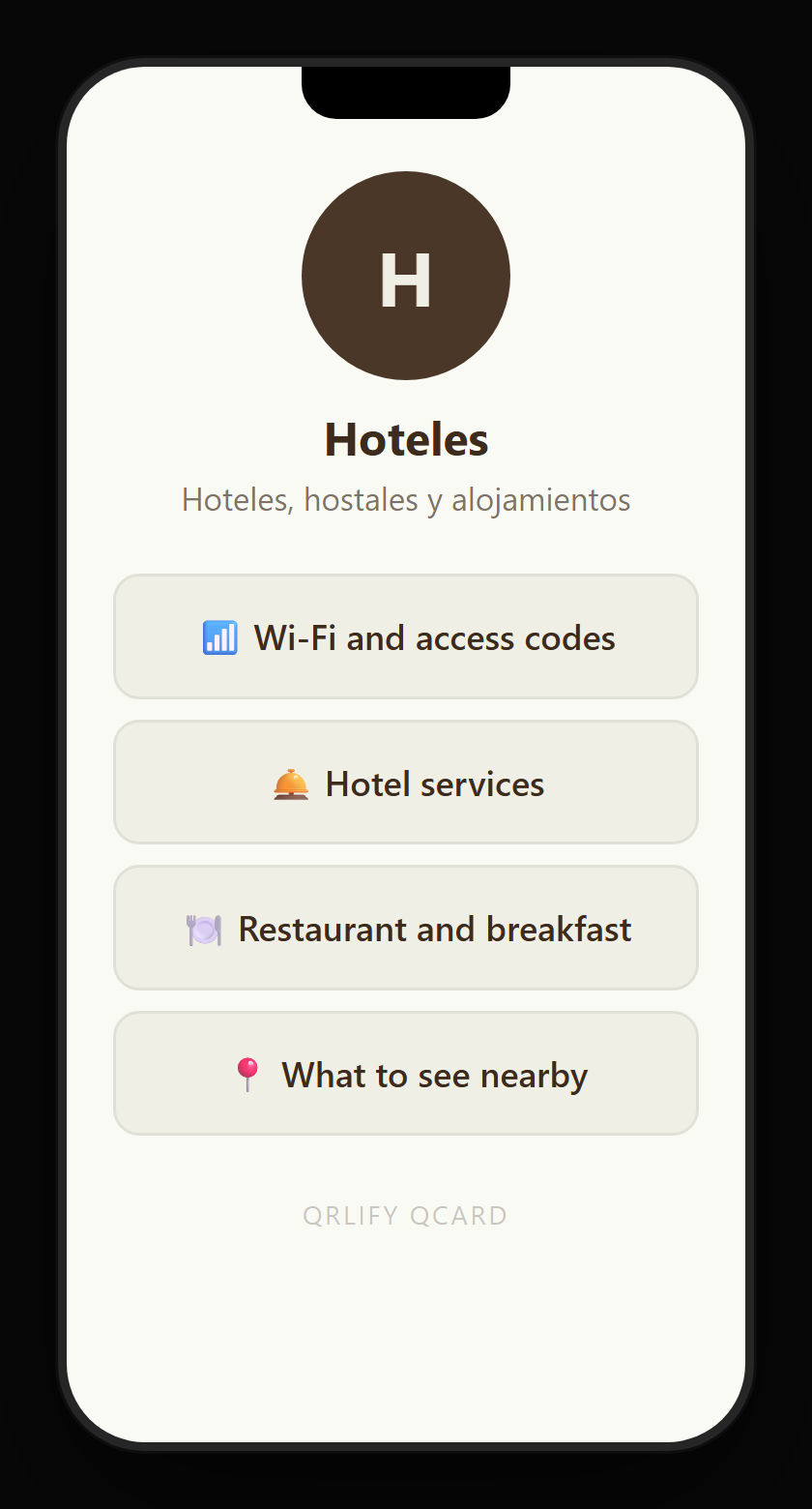 A hotel QCard on a phone: name, description and buttons to the wifi, room service, the local recommendations and reception’s WhatsApp