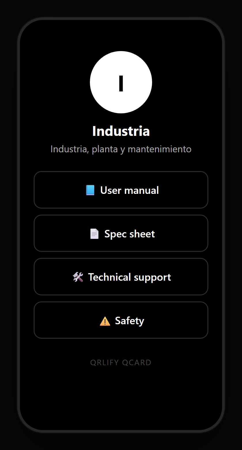 A manufacturing QCard on a phone: machine identification and buttons to the manual, the spec sheet, reporting a fault and the maintenance history