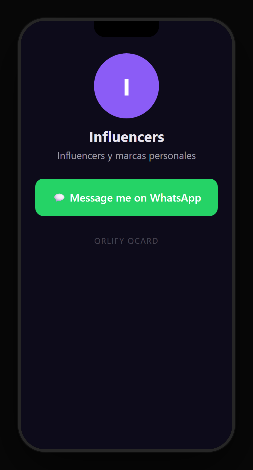 An influencer QCard on a phone: name, description and buttons to the discount code, the recommended products, the media kit and the socials